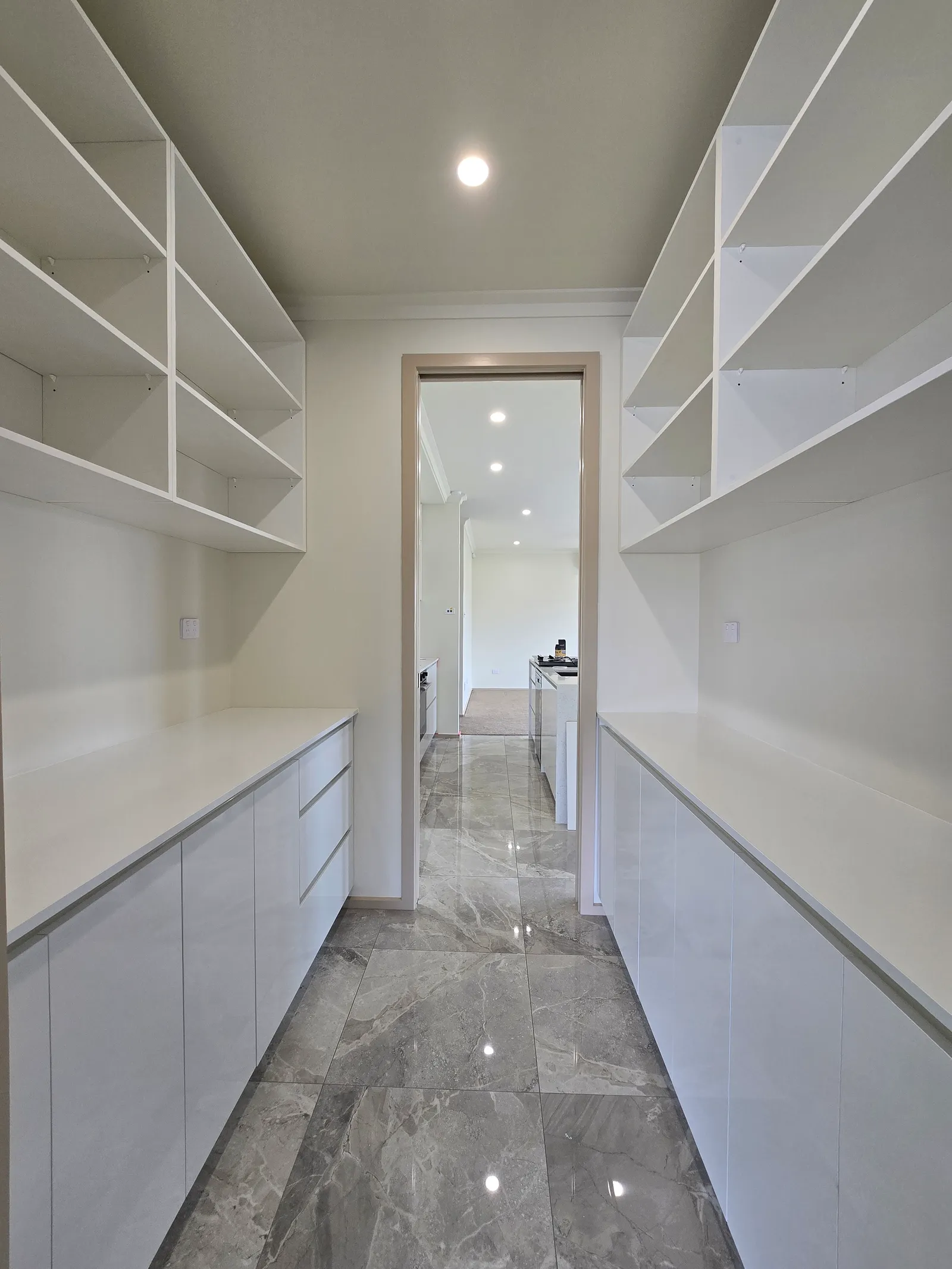 Scullery with Open Shelving & Marble Splashback